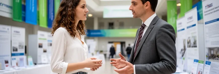 Étudiante en école de commerce échangeant avec un recruteur lors d'un forum entreprises à Strasbourg