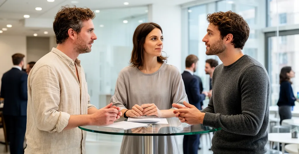 Échange informel entre jeunes professionnels lors d'un événement de networking