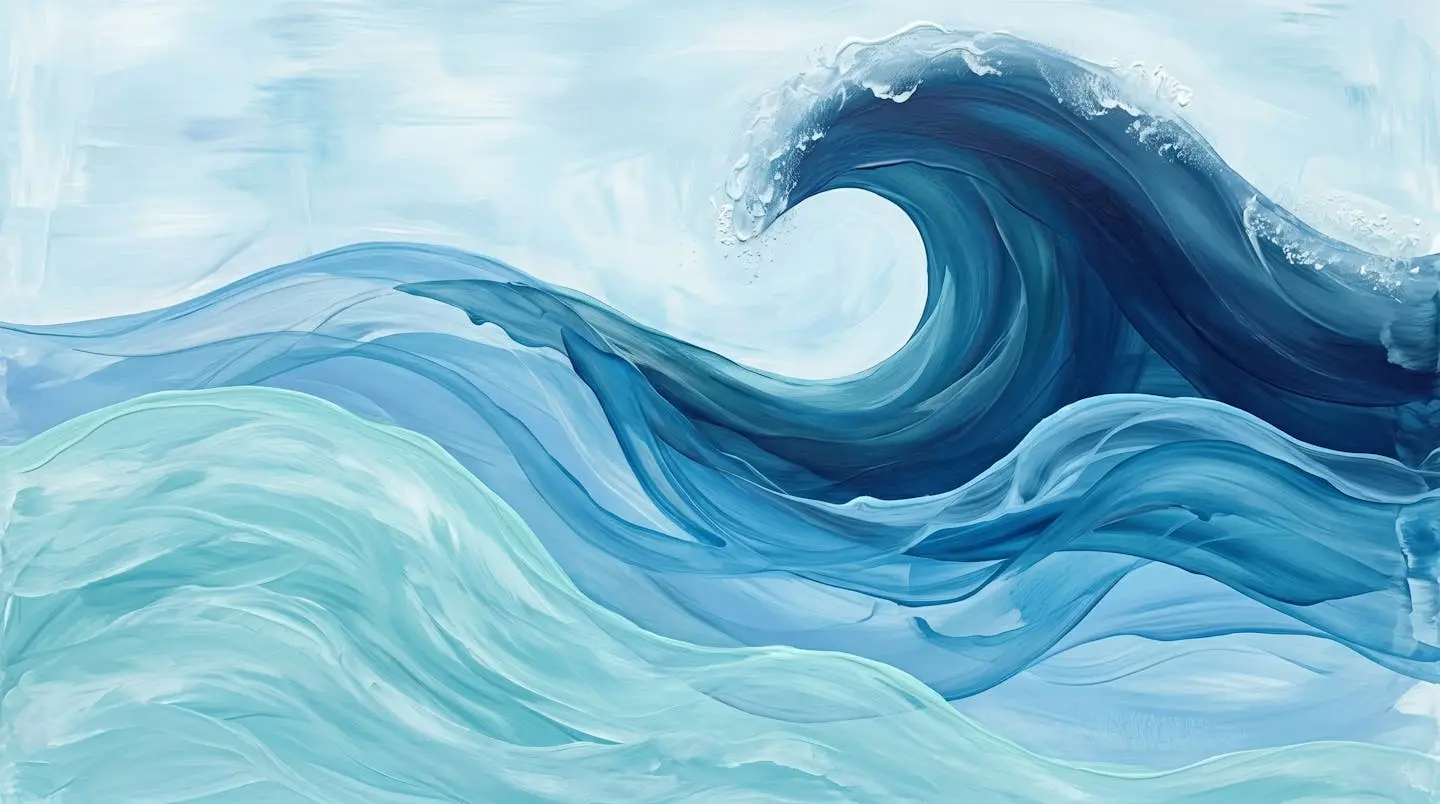 Composition abstraite de trois vagues superposées aux textures distinctes, illustrant les niveaux croissants d'immersion linguistique du débutant à l'avancé
