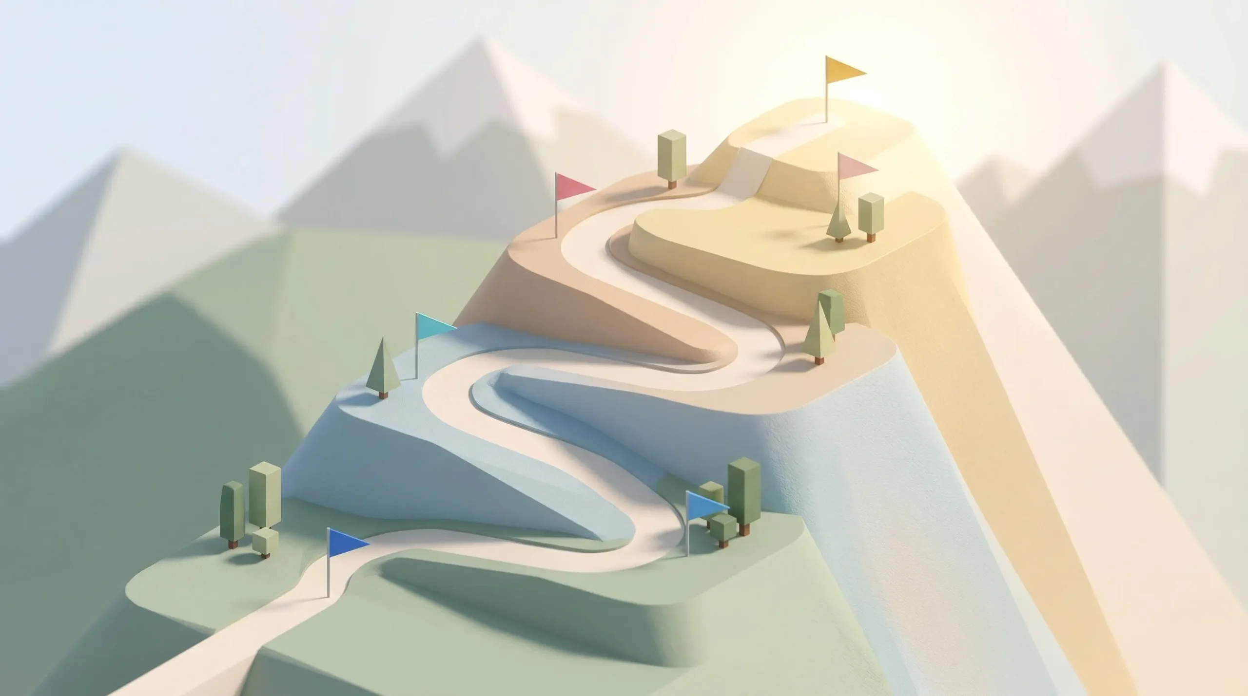 Illustration 3D isométrique d'un sentier de montagne avec six paliers successifs marqués de drapeaux colorés, représentant la progression linguistique du niveau débutant au niveau avancé