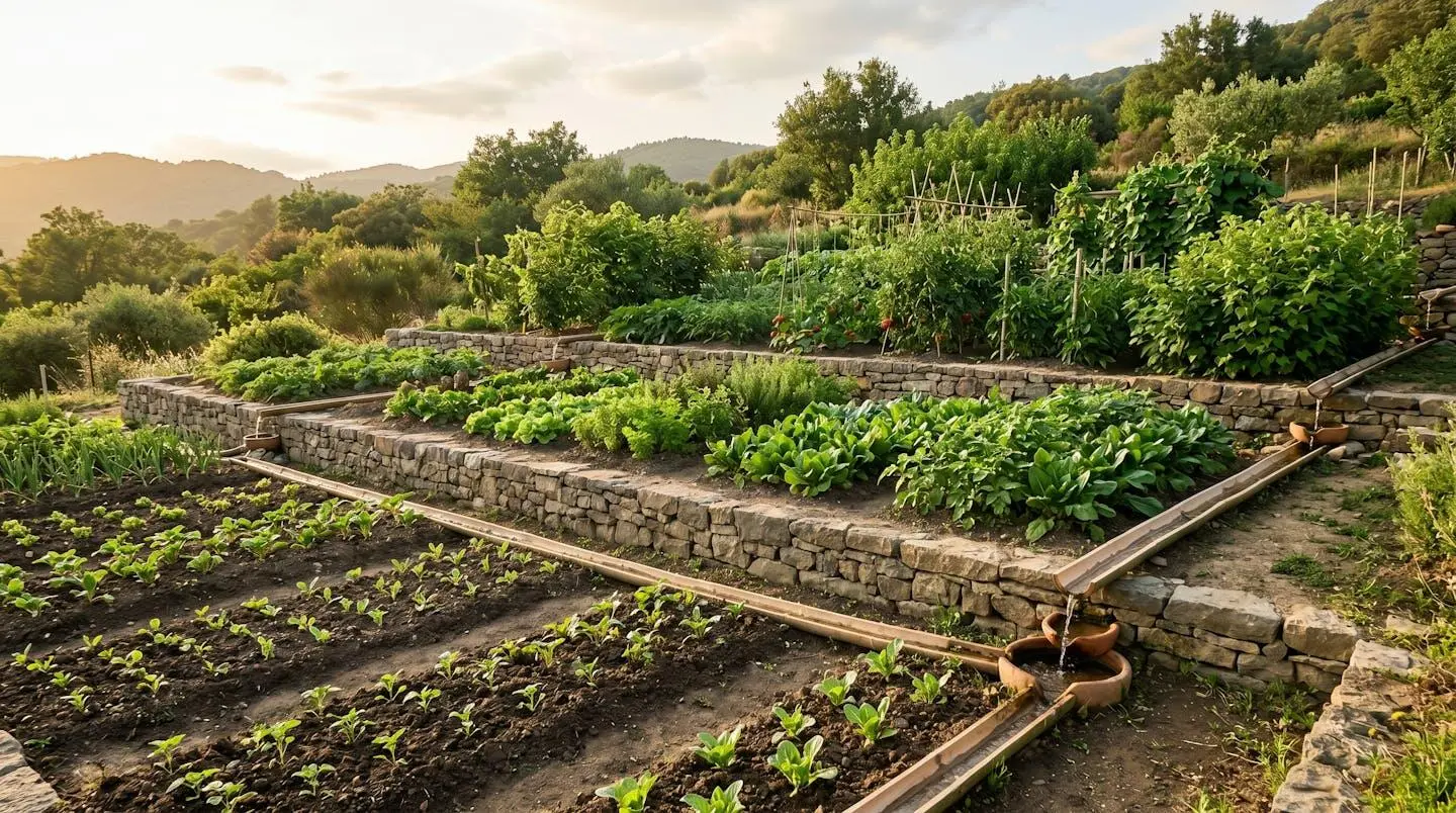 Jardins en terrasses avec trois niveaux de plantations à différents stades de croissance, système d'irrigation reliant les niveaux, lumière dorée