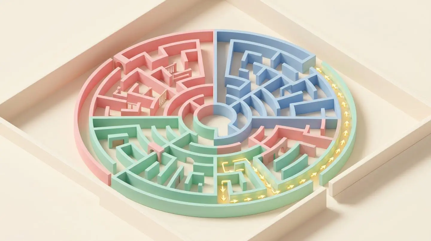 Labyrinthe miniature en 3D isométrique avec trois chemins, deux impasses et un chemin correct indiqué par une flèche dorée, palette pastel
