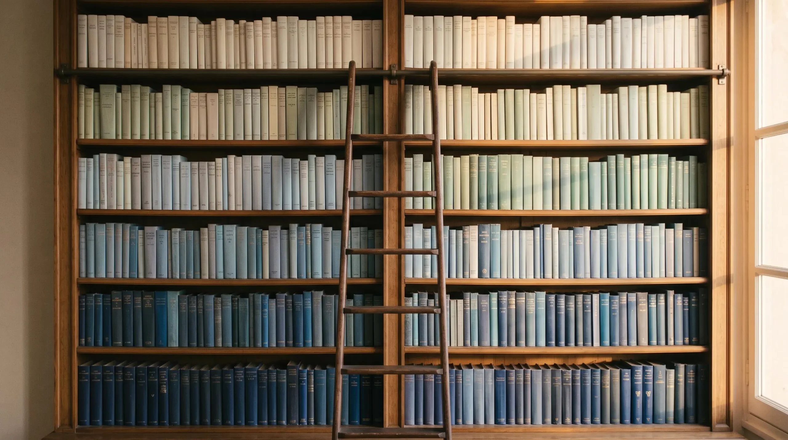 Photographie symétrique d'une bibliothèque ancienne avec six étagères contenant des livres de couleurs graduées du foncé au clair, symbolisant les niveaux de maîtrise linguistique